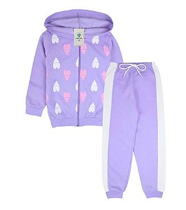 Conjunto Infantil Moletom Capuz e Zíper Corações Lilás Tam.3