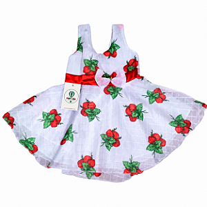 Vestido Social Branco com Morangos Veste 8 a 18 meses