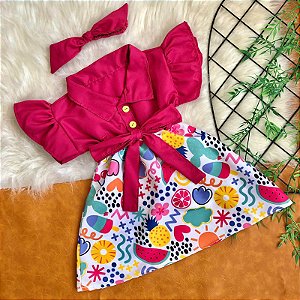 Vestido Vintage Tropical com Tiara de Cabelo Tam.1-2 Anos