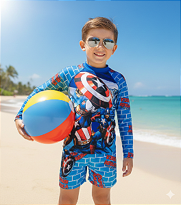 Conjunto Proteção Solar Capitão América P (1-3 anos)