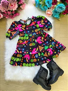 Vestido Encanto Modinha Preto Tropical Manguinha