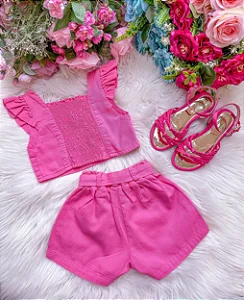 Conjunto Blogueirinha Sarja Shorts Rosa Chiclete Tam.10