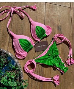 Biquíni Santorini Recortes  Rosa Candy com Verde Bandeira  Reversível e Empina Bumbum