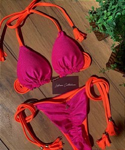 Biquíni Santorini  Rosa com Laranja Neon Empina Bumbum e Reversível