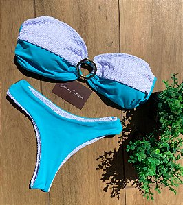 Biquíni Cancún Tomara que Caia Branco Texturizado com Azul Turquesa Tanga Reversível