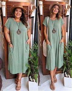Vestido Midi - Bolso frontal e decote redondo - Viscolycra