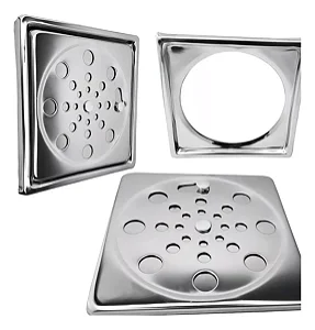 Ralo Tampa Grelha + suporte de instalação Quadrada 10x10 Com Fecho Rotativo Abre E Fecha Em Aço Inox (Com porta Grelha)