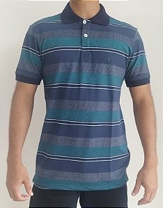 CAMISA POLO PREMIUM LISTRADA AZUL / VERDE ÁGUA EDGE
