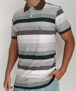 CAMISA POLO PREMIUM LISTRADA CINZA / VERDE EDGE