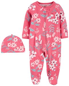 Pijama com pezinho + Touca Rosa Florido - 6m (3 a 6 meses) - Carter's
