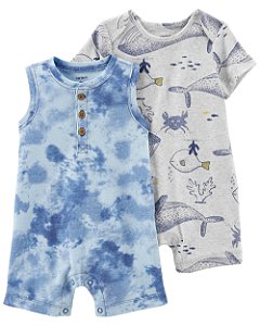 2 Romper Fundo do Mar Azul/Cinza - RN - Carter's