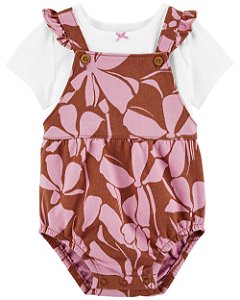 Jardineira Body Marrom Folhas Rosa - 6m (3 a 6 meses) - Carter's