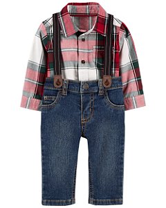 Jardineira Jeans Body Xadrez - RN - Carter's