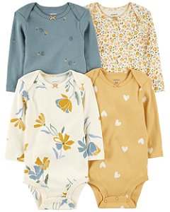 Kit Body 4 Peças Flores Amarelo/Azul - 3m (1 a 3 meses) - Carter's