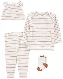 Pijama 2 peças + Meia + Touca Listrado Branco - 6m (3 a 6 meses) - Carter's
