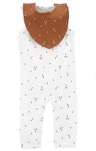 Macacão Branco com Babador Marrom - 3m (1 a 3 meses)  -Carter's