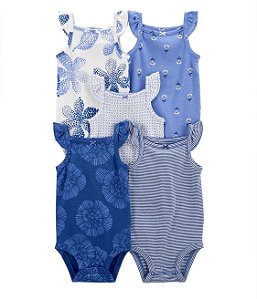 Kit Body 5 Peças Cavado Azul/Branco Flores - 3m (1 a 3 meses) - Carter's