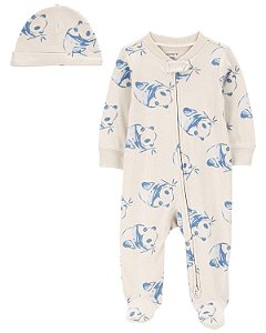 Pijama com pezinho Panda Azul + Touca - RN - Carter's