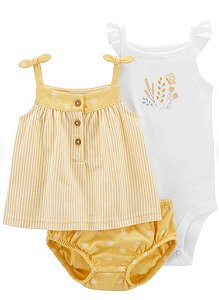 Conjunto 3 peças Florzinhas Listrado Amarelo - 6m (3 a 6 meses) - Carter's