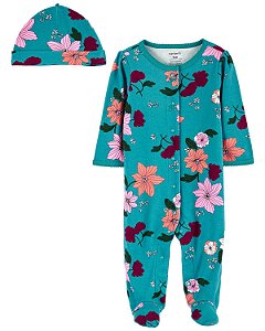 Pijama com pezinho + Touca Verde Flores Rosa  - RN - Carter's