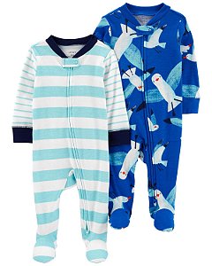 Kit 2 pijamas com pezinho Pássaros Azul - RN - Carter's