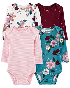 Kit Body 4 peças Flores Verde/Rosa - 3m (1 a 3 meses) - Carter's