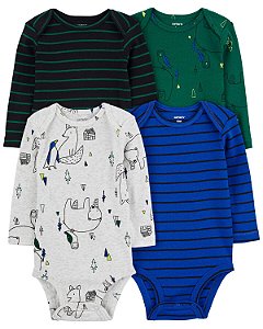 Kit Body 4 peças Urso Listrados Azul/Verde - RN - Carter's