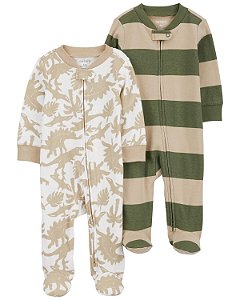 Kit 2 pijamas com pezinho Dino Verde/Bege - 3m (1 a 3 meses) - Carter's