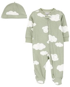 Pijama com pezinho Verdinho Nuvem + Touca - 3m (1 a 3 meses) - Carter's