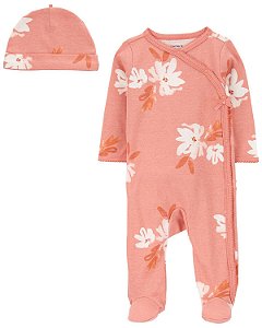 Pijama com pezinho Transpassado Rosa + Touca - 6m (3 a 6 meses) - Carter's
