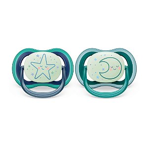 Chupetas Ultra Air Dupla Noturna Estrela/Lua Azul/Verde - 6 a 18 meses - Philips Avent
