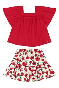 Conjunto Bata e Saia Flores Red Tam 4 - Quimby