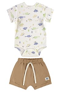 Conjunto Body Branco Dino Short Bege - Tam RN - Up Baby