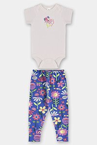 Conjunto Body Calça Azul Flores - Tam RN - Up Baby