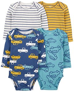 Kit 4 Bodys Carros Azul/Amarelo - 3m (1 a 3 meses) - Carter's