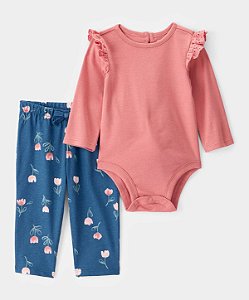 Conjunto Body Calça Floral Rosa/Azul - 3m (1 a 3 meses) - Carter's