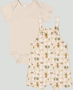 Conjunto Body Jardineira Bege Farm Tam P - Up Baby