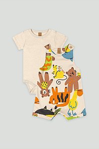 Jardineira e Body Bege Animais - Tam G - Up Baby