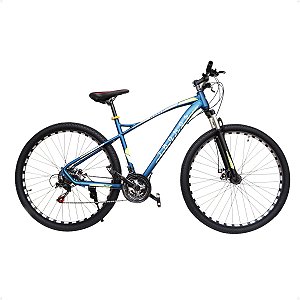 BICICLETA TRONOS MTB ALUMINIO LG19 POL/ GARFO C/ AMORT/21 VELOC/ARO 29/AZUL-VERDE BOX