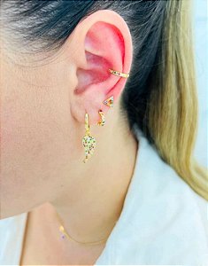 Brinco Asa de Anjo Colorido Cravejado de Zircônia Folheado a Ouro 18K