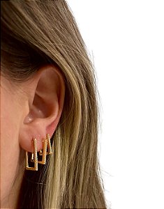 Brinco Trio de Argola Quadrada Folheada a Ouro 18K com Micro Zircônia