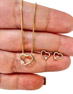 Conjunto Brinco e Colar Coração Delicado Feminino Folheado a Ouro18k