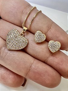 Conjunto Brinco e Colar Coração com zircônia cravejada