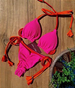 Biquíni Santorini Rosa Neon com Laranja Glow Reversível e Empina Bumbum