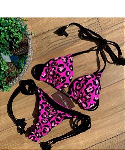 Biquíni Santorini Animal Print Pink Neon com Preto Reversível e Empina Bumbum