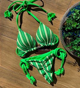 Biquíni Santorini Crochê Listras com Verde Handmade Collection Reversível e Empina Bumbum
