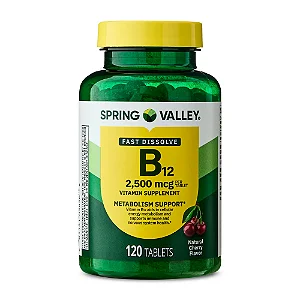 Vitamina B12 Spring Valley 2500 mcg Sabor Cereja – 120 Comprimidos de Dissolução Rápida