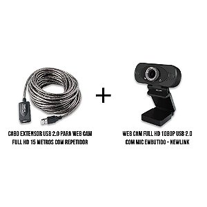 Cabo Extensor Usb 2.0 Para Webcam Full HD Blindado 15 metros + Webcam Full HD Newlink 1080p kit live