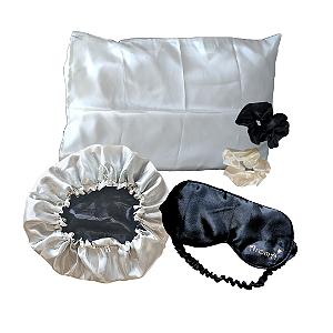 Kit Cetim Aromá – Fronha + Touca + Máscara de Dormir + Scrunchies