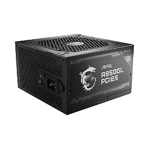 Fonte de Alimentação MSI MAG A850GLS, 850W, 80 Plus Gold, Modular, PFC Ativo, Com Cabo, Preto - MAGA850GLS